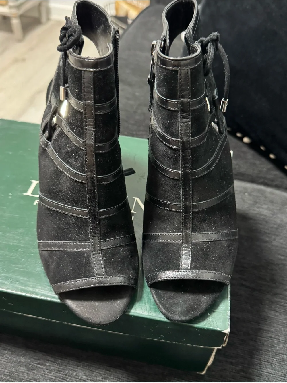 Lauren Ralph Lauren Black Suede Peep-Toe Lace-Back Booties